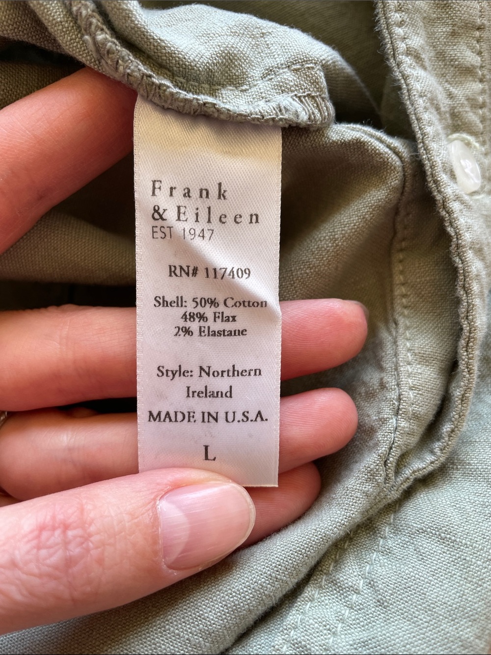 Frank & Eileen Northern Ireland Sage Green Utility Jumpsuit L Flax USA Boho - Picture 7 of 15